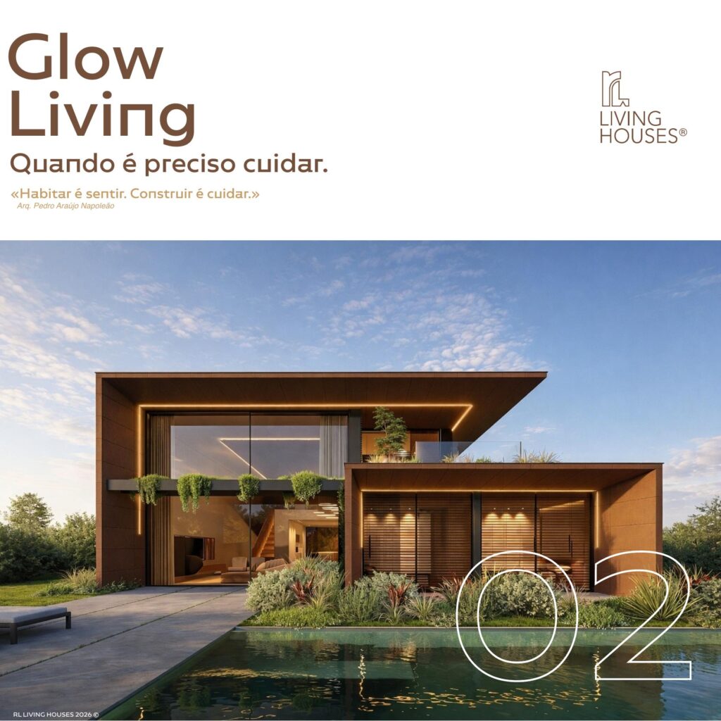 Capa do catálogo Glow Living, casa industrializada